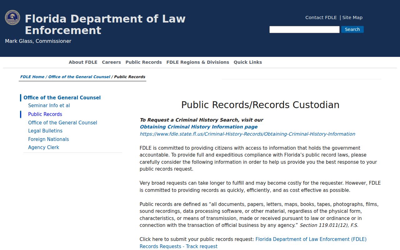 FDLE public records request routes for state criminal information
