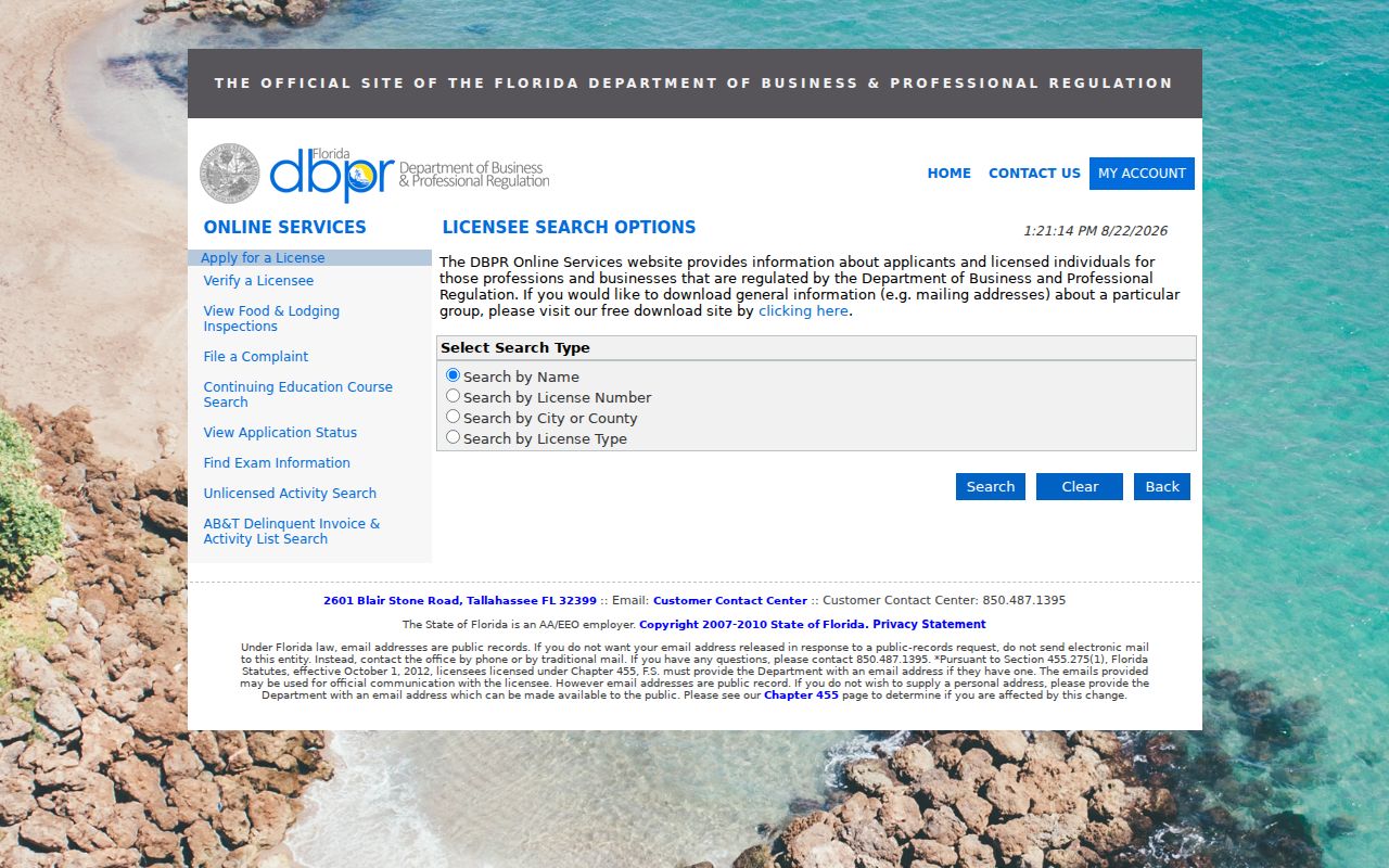 Florida DBPR professional license search used to confirm a public DeBary record
