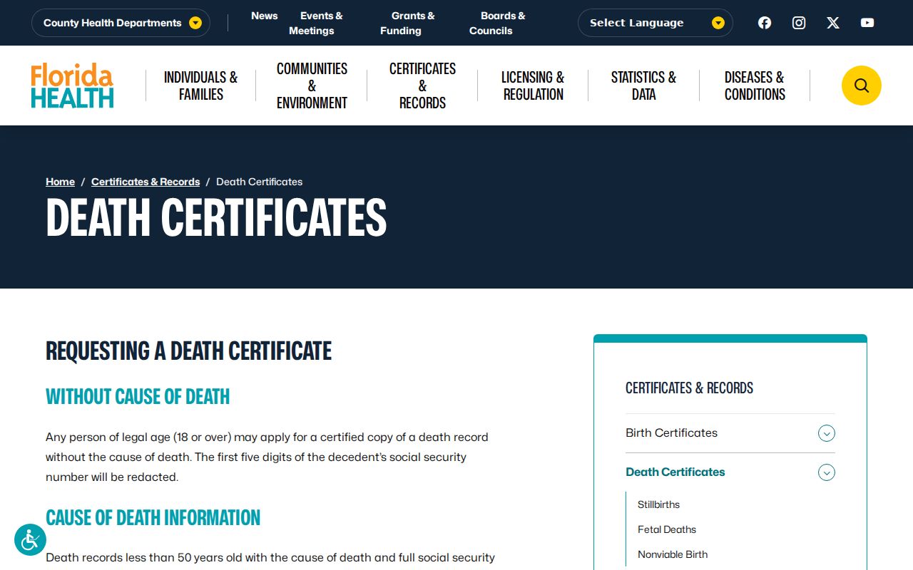 DeBary previous residents Florida death certificate access