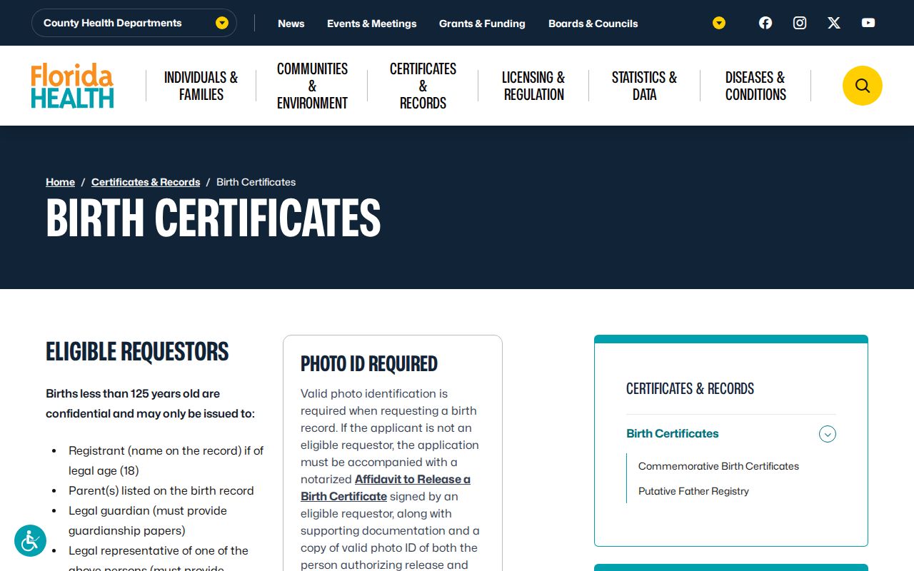DeBary previous residents Florida birth certificate access