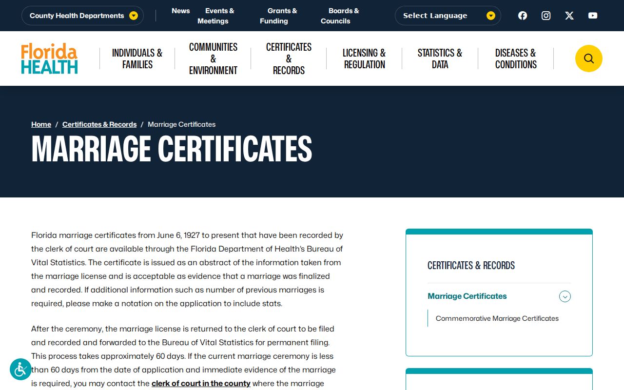 DeBary previous residents Florida marriage certificate access
