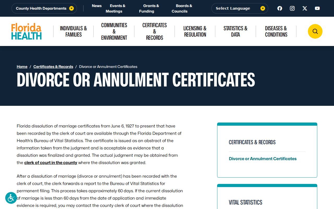 DeBary previous residents Florida divorce certificate access