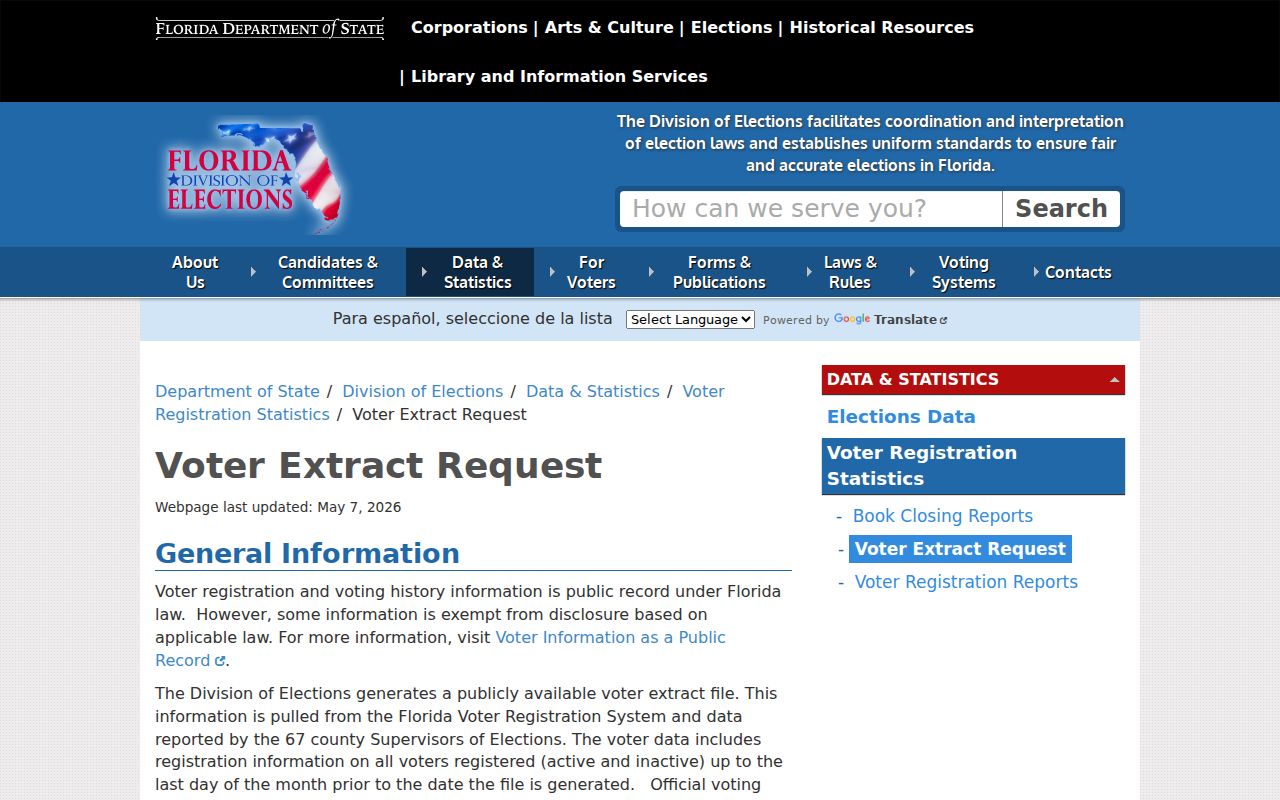 Florida statewide voter extract request page used for DeBary ZIP analysis