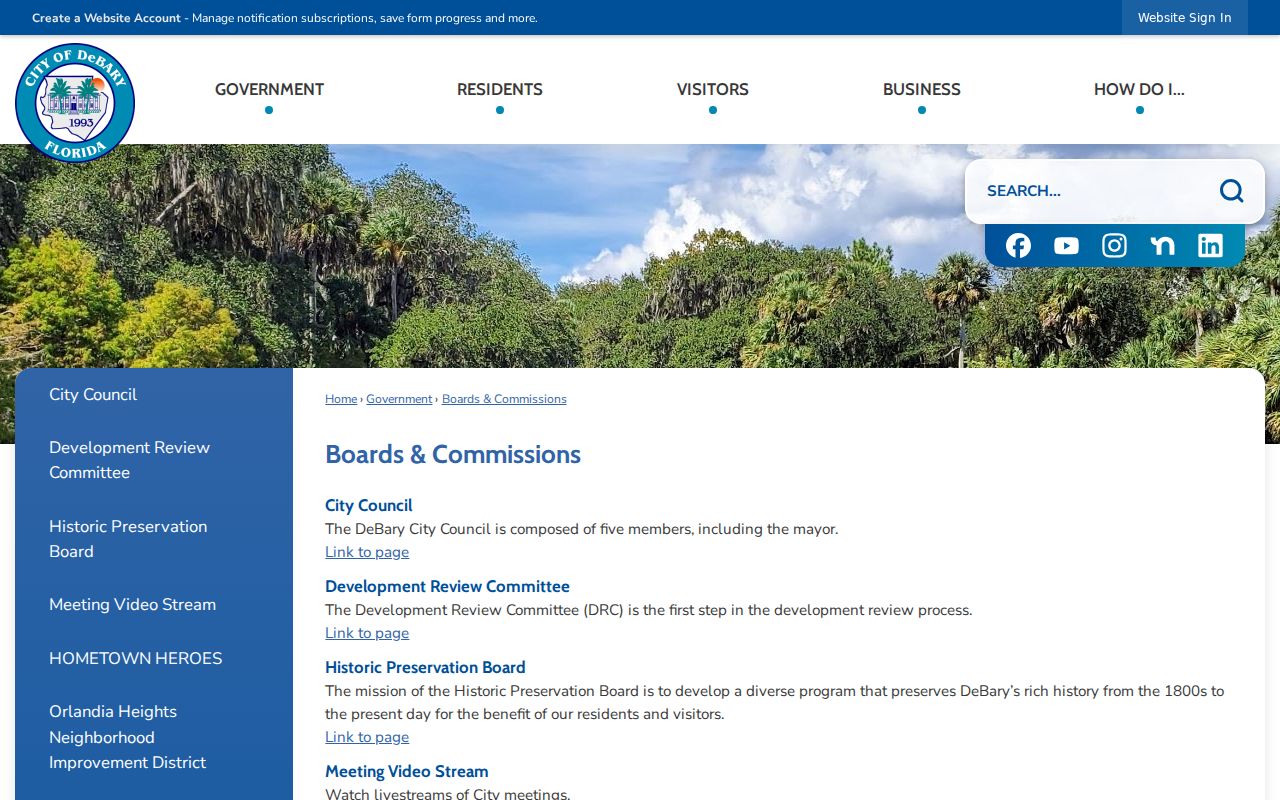 DeBary boards page with neighborhood district and civic records